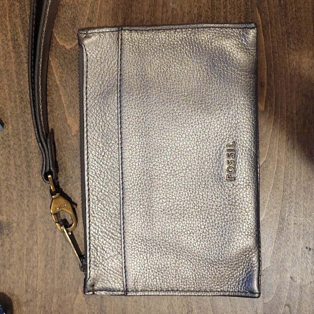 Metallic silver/goldish Fossil wristlet